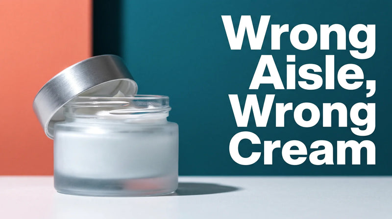 Cosmetic eye cream jar with the hook Wrong Aisle Wrong Cream, illustrating why most eye creams fail for eczema on eyelids