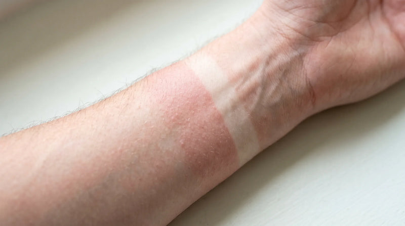 Contact dermatitis symptoms on a forearm forming a straight border at the edge of a removed watch strap