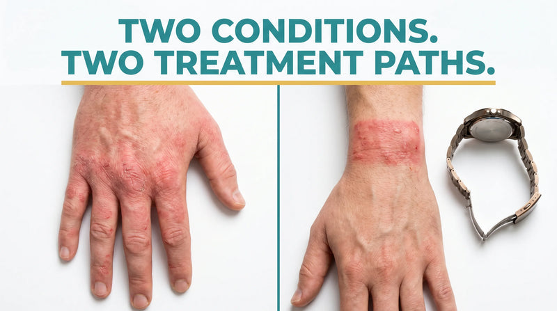 Two hands showing irritant vs allergic contact dermatitis - eczema treatment paths