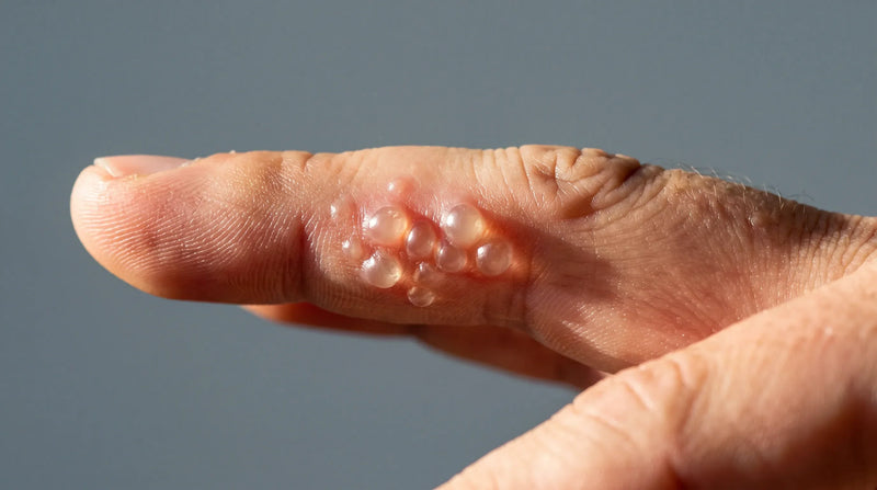 Macro close-up of deep-seated eczema blisters along the side of a finger showing dermatitis blisters on hands