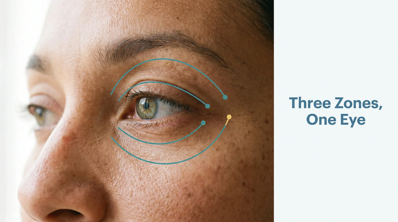 Eye eczema and dermatitis by the eye mapped across eyelid, under-eye, and corner zones