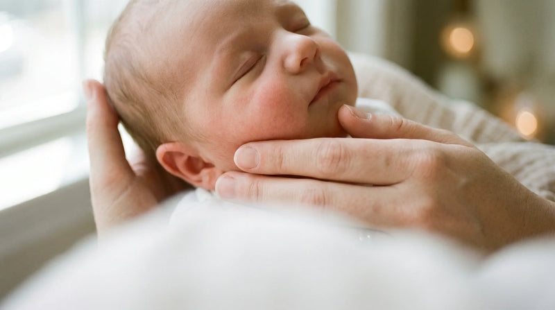 Calm newborn with faint cheek redness held in caregiver's hands showing dermatitis on newborn face