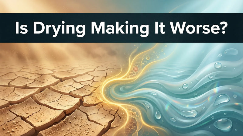 Drying out eczema - editorial illustration showing cracked dry skin transforming to healthy hydrated skin barrier