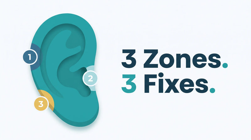 Ear eczema three-zone concept showing outer ear, canal, and behind-ear crease