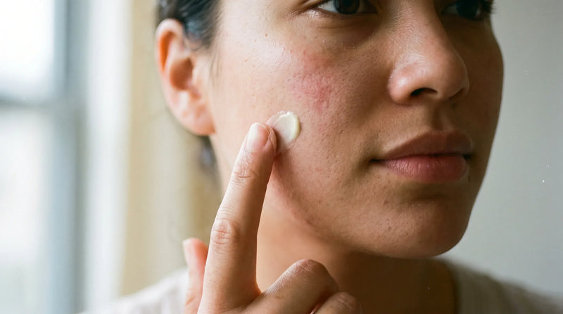 Person gently applying eczema cream to the cheek in soft natural light