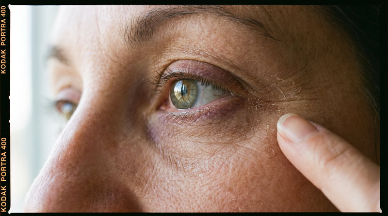 Close-up of a dry, creased eye area with a fingertip paused before rubbing, showing eczema around eyes