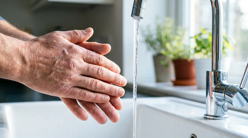 Eczema on hands - cracked dry skin under window light beside running water