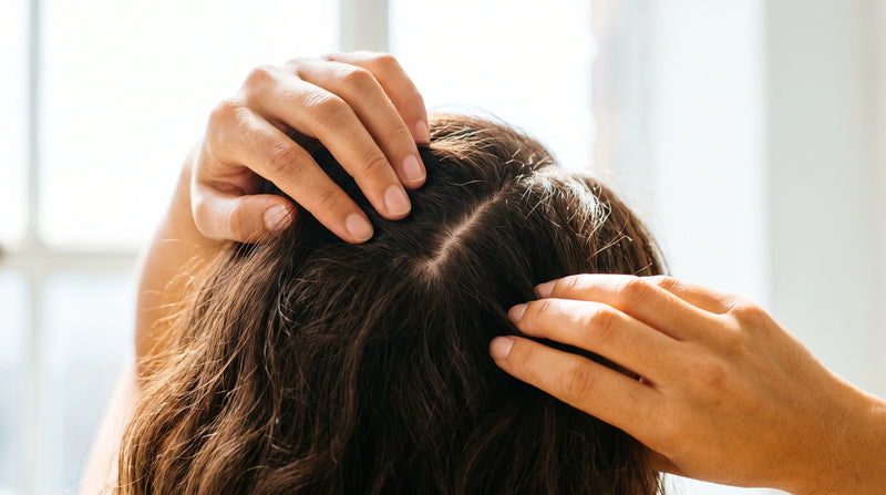 Hands parting a section of hair to reveal calm scalp skin, illustrating eczema on head under hair