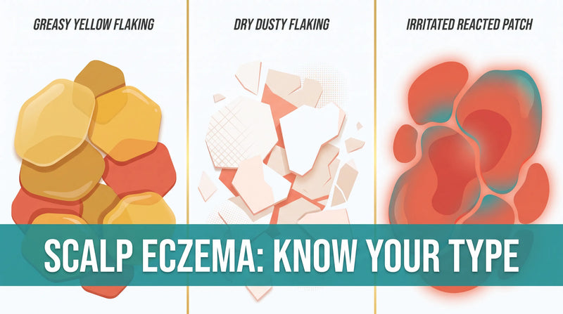 Eczema on scalp concept showing three distinct types to identify, know your type