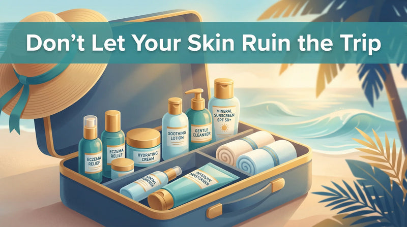 Eczema on vacation - editorial illustration of a suitcase with skincare essentials and tropical destination elements