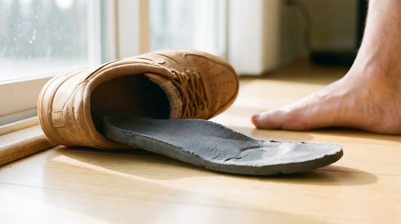 Worn shoe interior with removed insole beside a bare foot, showing the shoe environment behind eczema pompholyx feet flares