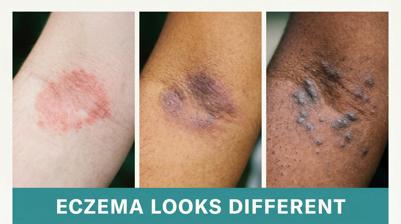 Eczema symptoms appearance comparison across three different skin tones showing varied presentation
