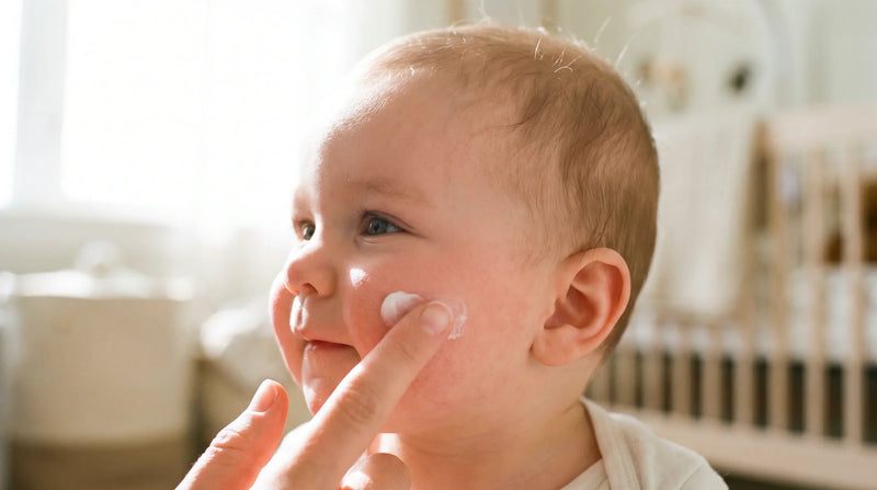 Infant eczema on cheeks - gentle fragrance-free cream applied to a baby's red cheek