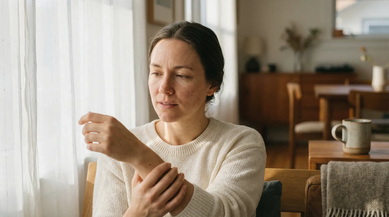 Person thoughtfully examining their skin in natural light, representing the question of whether atopic dermatitis eczema is autoimmune