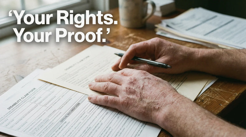 Person reviewing disability paperwork with visibly affected hands resting on desk - is eczema a disability