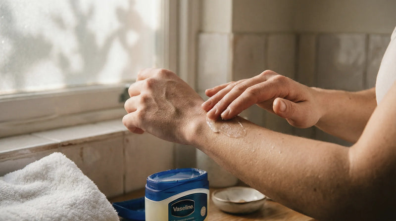 Person applying petroleum jelly to eczema-prone skin after bathing using the soak-and-seal method
