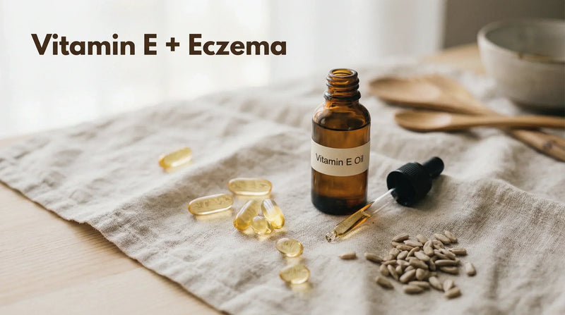 Vitamin E capsules and oil bottle for eczema relief on a natural wood surface with soft morning light