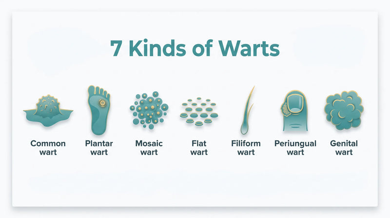 Bold infographic of 7 kinds of warts with labeled types against a clean background