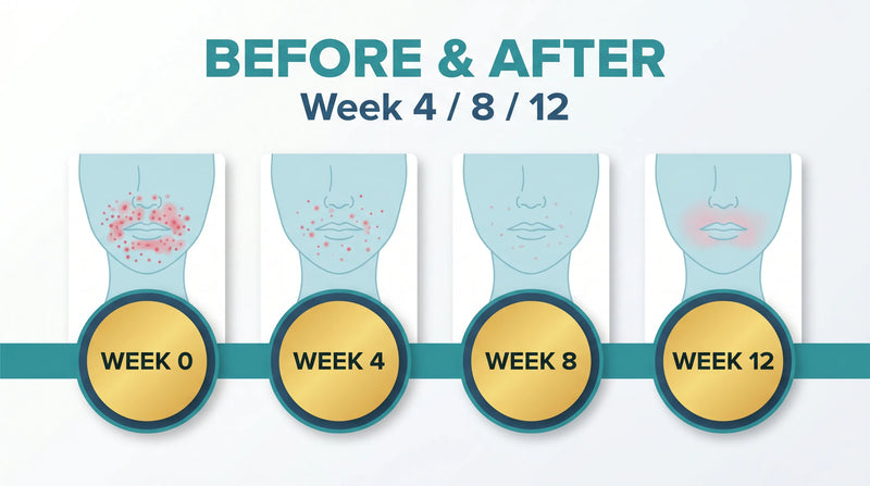 Perioral dermatitis before and after healing timeline at weeks 4, 8, and 12