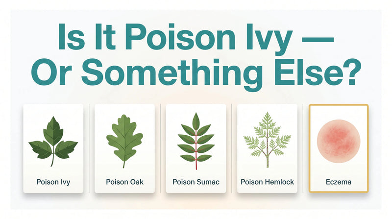 Poison ivy skin rash identification guide showing leaves of three with bold question headline
