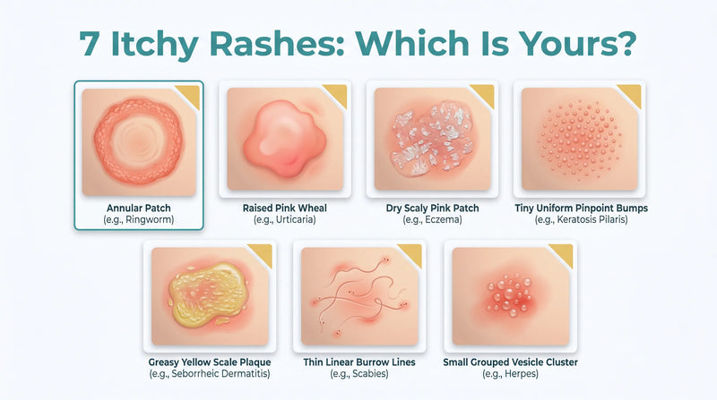 Seven common itchy skin rash patterns shown in a bold identification grid
