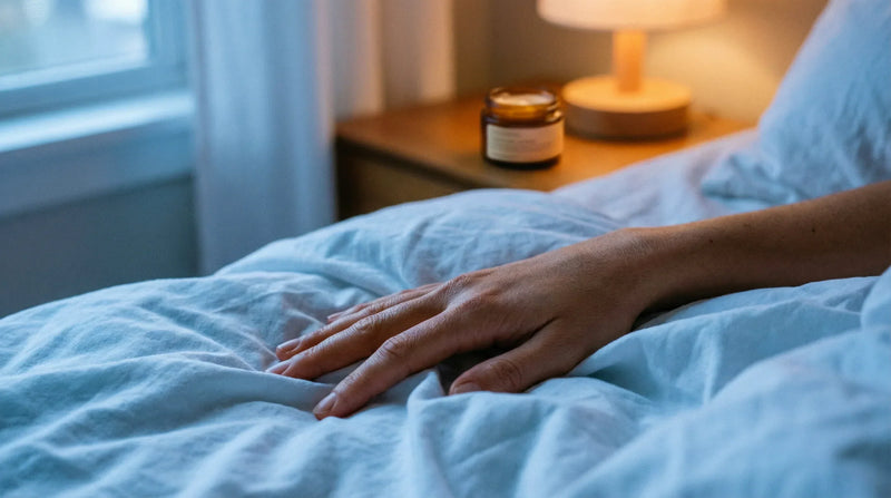 Sleeping with eczema - peaceful nighttime scene with soft blue moonlight and skincare elements representing the battle for restful sleep