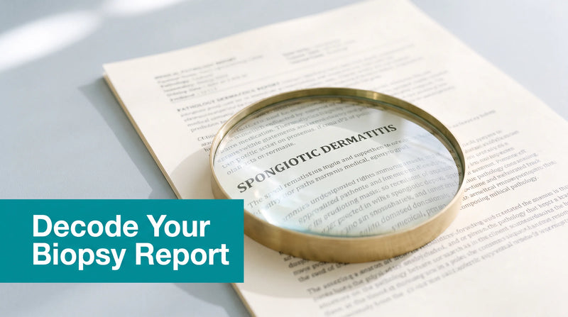 Printed skin biopsy pathology report reading spongiotic dermatitis under a magnifier, the eczema pattern explained