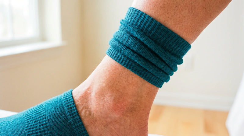 Compression sock rolled down at the ankle exposing lower leg skin affected by stasis dermatitis eczema