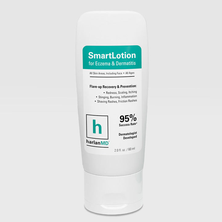 Product shot of one SmartLotion eczema cream bottle with dark background